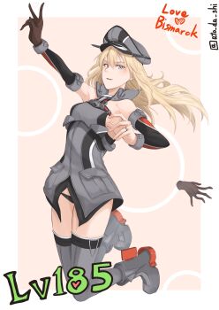 1girl absurdres anchor_choker atodashi bare_shoulders bismarck_(kancolle) black_panties blonde_hair blue_eyes breasts brown_gloves commentary_request detached_sleeves front_slit full_body gloves hair_between_eyes hat highres jewelry kantai_collection large_breasts long_hair military_hat military_uniform panties peaked_cap ring single_glove smile solo underwear unworn_gloves very_long_hair wedding_ring