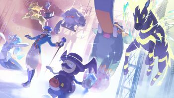 1boy absurdres annihilape baggy_pants black_boots black_hat blue_gloves blue_hair boots brown_eyes cane copperajah drifloon fingerless_gloves fire gen_4_pokemon gen_5_pokemon gen_6_pokemon gen_7_pokemon gen_8_pokemon gloves hat highres holding holding_cane miconomicon mr._rime nintendo pants pokemon pokemon_(creature) primarina pyroar pyroar_(male) top_hat white_pants zebstrika