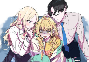 1boy 2girls averting_eyes black-framed_eyewear black_hair black_overskirt black_pants blonde_hair blue_necktie blush braid commentary_request flying_sweatdrops fujita_kotone gakuen_idolmaster glasses hatsuboshi_gakuen_school_uniform idolmaster jacket juo_sena kasasagi_(futagodori888) long_hair looking_at_another multicolored_hair multicolored_jacket multiple_girls necktie pants pink_hair producer_(idolmaster) school_uniform shirt sparkle streaked_hair sweatdrop turn_pale twin_braids two-tone_hair white_jacket white_shirt yellow_shirt