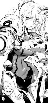 Rule 34 | 1girl, aiming, arm cannon, armor, bodysuit, breasts, covered navel, cowboy shot, floating hair, greyscale, hair between eyes, highres, ireading, large breasts, long hair, looking at viewer, metroid, metroid dread, mole, mole under mouth, monochrome, nintendo, normal suit (metroid), outstretched arm, parted lips, ponytail, power armor, power suit (metroid), samus aran, shards, simple background, skin tight, solo, standing, thigh gap, weapon, zero suit