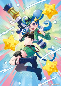 1girl black_tube_top blue_boots blue_hair boots breasts copyright_notice cropped_jacket fishnet_socks fishnets gloves green_hair green_hat green_jacket green_shorts gun hair_ornament hat highres holding holding_gun holding_weapon jacket looking_at_viewer m1_bazooka medium_hair milulun_(wixoss) multicolored_hair official_art open_mouth peron_(niki2ki884) purple_eyes rocket_launcher short_shorts shorts small_breasts smile socks solo star_(symbol) star_hair_ornament strapless streaked_hair thigh_strap tube_top weapon white_gloves wixoss