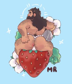 1boy anal_hair anus ass ass_focus bara beard between_buttocks blush brown_hair bulge dungeon_meshi dwarf facial_hair fake_horns flower food from_behind fruit full_beard full_body fundoshi hairy helmet highres horned_helmet horns japanese_clothes long_beard looking_at_viewer male_focus mrmermaido mustache oversized_food oversized_object presenting presenting_ass profile senshi_(dungeon_meshi) sitting solo sparse_ass_hair spread_anus strawberry thick_arm_hair thick_back_hair thick_beard thick_eyebrows thick_leg_hair thick_mustache unworn_headwear unworn_helmet very_hairy very_long_beard white_flower