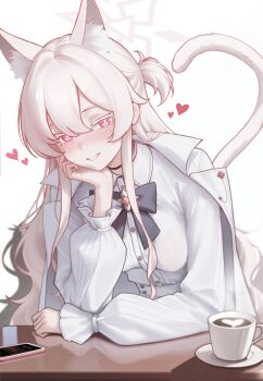 1girl akira_(blue_archive) animal_ear_fluff animal_ears black_bow black_bowtie blue_archive blush bow bowtie breasts cat_ears cat_girl cat_tail coat coat_on_shoulders colored_eyelashes commentary elbow_on_table extra_ears hair_between_eyes halo head_rest heart highres latte_art long_hair long_sleeves looking_at_viewer medium_breasts mellow_(srpp4843) mole mole_under_eye one_side_up pants phone pink_eyes puffy_long_sleeves puffy_sleeves shirt simple_background smile solo untranslatable_commentary tail white_background white_coat white_eyelashes white_hair white_halo white_pants white_shirt