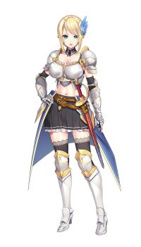 1girl arm_at_side armor belt black_skirt black_thighhighs blonde_hair blue_eyes boobplate breastplate breasts brown_belt cattleya_(kukkorodays) full_body gauntlets greaves hair_ornament hand_on_own_hip highres kukkorodays large_breasts looking_at_viewer midriff navel open_mouth pauldrons pleated_skirt sabaton sheath sheathed shoulder_armor simple_background skirt solo standing sword tachi-e thighhighs transparent_background weapon yamacchi
