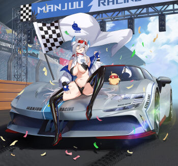 1girl absurdres azur_lane breasts cleavage cola-alter ferrari ferrari_sf90_stradale hair_between_eyes hair_intakes hakuhou_(azur_lane) highres huge_breasts long_hair looking_at_viewer race_queen solo tagme very_long_hair white_hair yellow_eyes