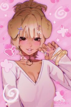 1girl aegyo_sal animal_ears artist_name bell belt_collar blonde_hair blush bracelet breasts brown_eyes brown_hair choppy_bangs chromatic_aberration claw_pose cleavage collar commentary cross_hair_ornament dog_ears dog_girl english_commentary eyelashes face_piercing fingernails four-pointed_star gold_bracelet gradient_hair hair_bun hair_ornament halftone hello_kitty highres jewelry jingle_bell light_blush lip_piercing long_fingernails looking_at_viewer medium_breasts mole mole_on_cheek mole_on_chest multicolored_hair multicolored_nails multiple_moles nail_art nail_ornament neck_bell noisykoala open_mouth original paw_print paw_print_background petals piercing pink_background pink_collar pink_theme safety_pin_hair_ornament sanrio single_hair_bun sketch sleeves_past_wrists smile star_(symbol) sweater tan teeth thick_lips tongue two-tone_hair upper_body upper_teeth_only v-neck v-shaped_eyebrows white_sweater wolf_cut