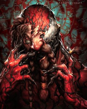 1boy black_nails blood blood_on_wall bodysuit braid braided_beard brown_facial_hair brown_hair carnage_(marvel) comic_cover commentary corpse english_commentary facial_hair fingernails grin guro highres horror_(theme) kunkka looking_at_viewer male_focus marvel monster_boy muscular norse official_art red_bodysuit runes sharp_fingernails sharp_teeth skinned slime_boy smile solo spider-man_(series) symbiote teeth upper_body