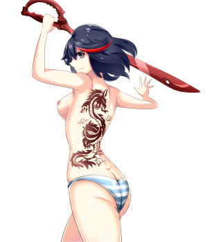 1girl absurdres armpits arms_up ass avaloki back back_tattoo black_hair blue_eyes breasts butt_crack clenched_hand collarbone dimples_of_venus eyelashes female_focus fighting_pose fighting_stance fingernails floating_hair from_behind hair_between_eyes highres holding holding_sword holding_weapon kill_la_kill legs looking_at_viewer looking_back matoi_ryuuko medium_breasts medium_hair multicolored_hair neck nipples no_bra official_underwear outstretched_arms panties profile red_streaks shiny_clothes shiny_skin shoulder_blades sideboob sidelocks simple_background smile smirk smug spiked_hair spread_arms standing streaked_hair striped_clothes striped_panties sword tattoo thighs topless_female trigger_(company) two-tone_hair underwear underwear_only unworn_clothes weapon white_background wind wind_lift