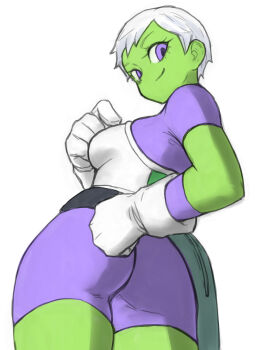 1girl ass breasts cheelai closed_mouth colored_skin dragon_ball dragon_ball_super dragon_ball_super_broly gloves green_skin highres looking_at_viewer medium_breasts saiyan_armor short_hair simple_background smile solo toshinoshin white_background white_gloves white_hair