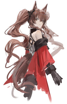 1girl angelina_(arknights) animal_ear_fluff animal_ears arknights arknights:_endfield back bare_shoulders black_gloves blazpu bracelet brown_eyes brown_hair coat commentary cropped_torso diamond-shaped_pupils diamond_(shape) elbow_gloves english_commentary fox_ears fox_girl fox_tail from_behind gilberta_(arknights) gloves grin headpiece high_collar highres jewelry long_hair long_sleeves looking_at_viewer looking_back off_shoulder red_coat simple_background smile solo symbol-shaped_pupils tail twintails white_background
