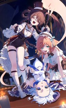 3girls alternate_costume alternate_hairstyle antlers aqua_eyes bare_shoulders blue_eyes boo_tao_(genshin_impact) braid braided_hair_rings deer_antlers drop-shaped_pupils flower-shaped_pupils forehead furina_(genshin_impact) genshin_impact hair_rings heterochromia horns hu_tao_(genshin_impact) imasaki_kei knee_strap kneehighs long_hair looking_at_viewer lying mismatched_pupils multiple_girls off_shoulder on_back open_mouth parted_lips red_eyes short_hair socks standing symbol-shaped_pupils very_long_hair white_socks yanfei_(genshin_impact)