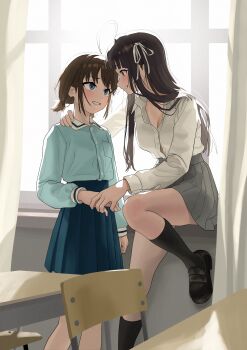 2girls absurdres aqua_shirt arm_around_shoulder awa_subaru black_hair black_shoes black_socks blush breasts brown_hair button_gap chair classroom cleavage closed_mouth collar contrast_collar desk eye_contact girls_band_cry green_skirt grey_skirt hair_ribbon highres holding_hands indoors iseri_nina kneehighs korean_commentary loafers long_hair long_sleeves looking_at_another medium_breasts multiple_girls okokorika open_collar ribbon school_chair school_desk school_uniform shirt shoes short_twintails skirt smile socks straight_hair sunlight twintails white_collar white_ribbon white_shirt window yuri