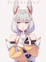 Rule 34 | 1girl, animal ear fluff, bare shoulders, cat girl, commentary request, copyright name, finger to mouth, gloves, grey hair, highres, hinoyama kou, index finger raised, looking to the side, medium hair, nia (xenoblade), simple background, solo, upper body, white background, white gloves, xenoblade chronicles (series), xenoblade chronicles 3, yellow eyes