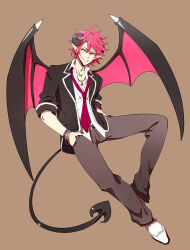 Rule 34 | 1boy, bishounen, black horns, black jacket, black nails, bracelet, brown background, brown pants, collared jacket, collared shirt, colored eyelashes, commentary request, cross, cross necklace, curled horns, demon boy, demon horns, demon tail, demon wings, full body, gensoudanshi, green eyes, grin, hands in pockets, highres, horns, inverted cross, jacket, jewelry, loose necktie, male focus, necklace, necktie, open clothes, open jacket, original, pants, pink hair, pink wings, pointy ears, school uniform, shirt, short hair, simple background, smile, solo, tail, white footwear, white shirt, wings