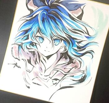 1girl blue_bow blue_eyes blue_hair bow closed_mouth commentary_request drawstring grey_hair hair_between_eyes hair_bow long_hair looking_at_viewer portrait shikishi simple_background smile solo touhou traditional_media tsubameyado white_background yorigami_shion