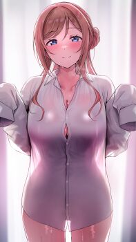 1girl absurdres backlighting blue_eyes blush breasts brown_hair bun_cover button_gap cleavage closed_mouth collared_shirt commentary_request cowboy_shot gakuen_idolmaster hair_bun hair_intakes hands_up highres himesaki_rinami idolmaster large_breasts long_hair long_sleeves looking_at_viewer naked_shirt see-through_clothes see-through_shirt shiitake_taishi shirt single_side_bun sleeves_past_wrists smile solo steaming_body sweat