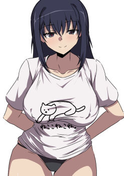 1girl arms_behind_back black_eyes black_hair black_panties breasts closed_mouth clothes_writing eyebrows_hidden_by_hair groin hair_between_eyes highres large_breasts light_blush looking_at_viewer medium_hair original panties shirt simple_background smile solo tetsu-ume underwear white_background white_shirt