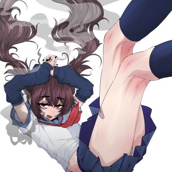 Rule 34 | 1girl, absurdres, arm warmers, arms up, bandaid, bandaid on cheek, bandaid on face, bandaid on leg, blue arm warmers, blue skirt, brown hair, cigarette, commentary, english commentary, feet out of frame, hair between eyes, highres, holding, holding cigarette, kneepits, legs up, long hair, looking at viewer, mayoa, miniskirt, mole, mole on thigh, neckerchief, open mouth, original, panties, panty peek, pleated skirt, red eyes, red neckerchief, shirt, simple background, skirt, smoke, smoke trail, smoking, solo, twintails, underwear, white background, white shirt