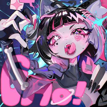 1girl absurdres ahoge animal_ears black_hair blunt_bangs bone cat_ears cat_girl close-up cutout_eyelashes eyelashes fangs fingernails gao highres long_fingernails multicolored_hair open_mouth original pink_eyes short_hair skullsideart solo star-shaped_pupils star_(symbol) streaked_hair symbol-shaped_pupils tongue tongue_out