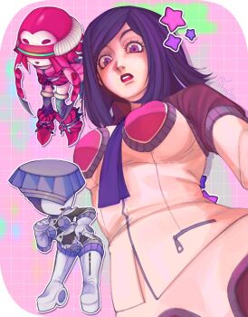 3girls amano_maya artemis_(persona_2) black_bodysuit black_hair black_jacket black_thighhighs blue_necktie bodysuit boots breasts chibi chibi_inset colored_skin commentary_request cortaunatijera covered_eyes covered_navel eyelashes from_below gloves grid hand_on_own_hip hat_over_eyes head-mounted_display heart heart_print highres jacket japanese_clothes kimono large_breasts leaning_forward leg_warmers lipstick looking_at_viewer maia_(persona_2) makeup multicolored_jacket multiple_girls necktie outline persona persona_2 persona_2_batsu pink_background pink_hair pink_kimono pink_skin purple_eyes red_leg_warmers red_lips short_kimono short_necktie spanish_commentary star_(symbol) thigh_boots thighhighs upper_body white_footwear white_gloves white_jacket white_outline white_skin