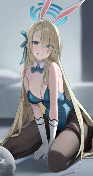 1girl absurdres animal_ears aqua_leotard asuna_(blue_archive) asuna_(bunny)_(blue_archive) blonde_hair blue_archive blue_bow blue_bowtie blue_eyes blue_halo blue_leotard bow bowtie breasts chinese_commentary cleavage commentary_request fake_animal_ears gloves hair_over_one_eye halo highres indoors kneeling large_breasts leotard long_hair looking_at_viewer official_alternate_costume playboy_bunny smile strapless strapless_leotard traditional_bowtie user_505240092 white_gloves