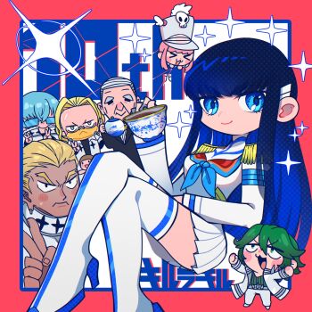 Rule 34 | 3girls, 5boys, blonde hair, blue eyes, blue hair, gamagoori ira, glasses, green eyes, green hair, hat, hatake (hatanosuke), highres, inumuta houka, iori shirou, jakuzure nonon, kill la kill, looking at viewer, mankanshoku mako, multiple boys, multiple girls, pink hair, sanageyama uzu, shako cap, smile, soroi mitsuzou, sparkle, tea, thighhighs, v, white hair, yellow eyes, zettai ryouiki