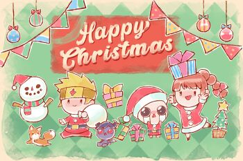 Rule 34 | 1girl, 3boys, absurdres, adventurer (dungreed), argyle background, artist request, azazel (the binding of isaac), ball hands, belt, black belt, black eyes, black hair, black horns, black skin, black wings, blade strangers, blonde hair, blue bow, blunt bangs, border, bow, box, box on head, broken horn, brown dog, brown fur, buckle, chibi, christmas, christmas ornaments, christmas tree, colored skin, commentary, crying, demon boy, demon horns, demon wings, dog, doggo (dungreed), dress, dungreed, english commentary, full body, fur-trimmed dress, fur-trimmed headwear, fur-trimmed sleeves, fur collar, fur trim, gift, gift box, green background, green scarf, hair bow, hat, headband, helen (blade strangers), highres, holding, holding sack, horns, isaac (the binding of isaac), long hair, multiple boys, official art, open mouth, outline, outstretched arms, pants, pennant, pink bow, pom pom (clothes), pom pom hat ornament, ponytail, red bow, red dress, red eyes, red hat, red pants, red scarf, red shirt, red sleeves, running, sack, sack behind back, santa costume, santa dress, santa hat, scarf, second-party source, shiba inu, shirt, short hair, shuriken print, sidelocks, simple background, smile, snowman, spread arms, star ornament, streaming tears, striped clothes, striped scarf, tall hair, tears, the binding of isaac, two-tone scarf, white fur, white outline, wings, yellow border, yellow bow, yellow headband