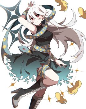 1girl arm_over_head armpits black_dress crescent dress fossilized_wonders gradient_clothes gradient_dress high_heels highres long_bangs long_hair nymphus red_eyes solo star_(symbol) touhou turtleneck turtleneck_dress white_background white_hair yuiman_asama