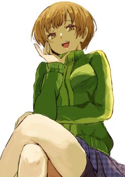 1girl :d bike_shorts bike_shorts_under_skirt black_shorts breasts brown_eyes brown_hair commentary_request crossed_legs feet_out_of_frame from_below green_jacket grey_skirt hand_on_own_knee hand_up highres houndstooth jacket kanna_nijiniji long_sleeves looking_at_viewer medium_breasts open_mouth persona persona_4 pixie_cut pleated_skirt satonaka_chie school_uniform short_hair shorts simple_background sitting skirt smile solo teeth tongue track_jacket upper_teeth_only white_background yasogami_school_uniform