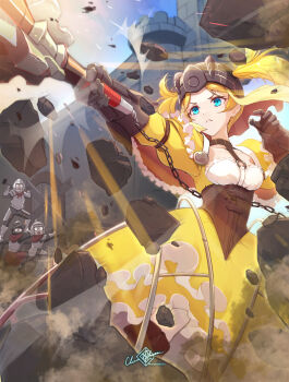 Rule 34 | 1girl, 3boys, absurdres, armor, black corset, blonde hair, blue eyes, breasts, capelet, clear glass (mildmild1311), closed mouth, commentary request, corset, dress, fire emblem, fire emblem awakening, frown, gauntlets, gloves, hammer, helmet, highres, holding, holding hammer, holding weapon, lissa (fire emblem), long hair, multiple boys, nintendo, open mouth, small breasts, soldier, solo focus, sweatdrop, twintails, weapon, wide-eyed, yellow capelet, yellow dress