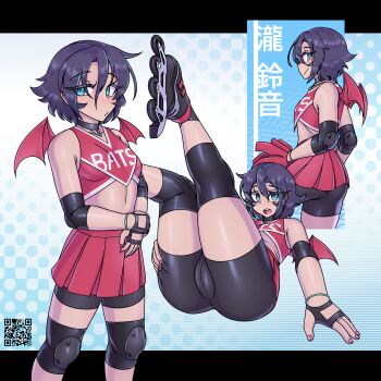 1girl ass bare_shoulders bike_shorts bikini black_border black_choker black_gloves black_shorts blue_background blue_eyes border breasts cameltoe cheerleader choker closed_mouth collarbone cowboy_shot cropped_shirt elbow_pads expressionless eyebrows eyelashes eyeshield_21 feet_out_of_frame female_focus fingerless_gloves fingernails from_behind from_below full_body gloves hand_on_own_arm highleg highleg_bikini highres knee_pads legs_up looking_at_viewer looking_back looking_down lying midriff multiple_views nail_polish on_back open_mouth petite pink_nails profile purple_hair red_shirt red_skirt scuttlefish shirt short_hair shorts simple_background skirt sleeveless sleeveless_shirt small_breasts smile solo standing swimsuit taki_suzuna teeth tomboy two-tone_background two-tone_shirt upper_teeth_only variant_set white_background