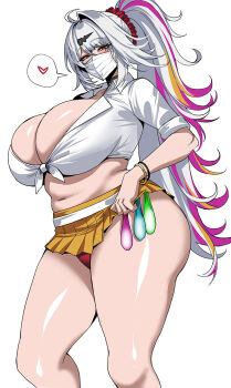 1girl amesuku_gyaru blush bracelet breasts collared_shirt commentary condom covered_mouth gyaru heart hella_p highres huge_breasts jewelry kogal long_hair looking_at_viewer mask microskirt mouth_mask multicolored_hair panties pleated_skirt ponytail purple_hair red_panties shirt skirt solo st streaked_hair thighs underwear used_condom white_background white_hair white_shirt yellow_eyes yellow_skirt yixuan_(zenless_zone_zero) zenless_zone_zero
