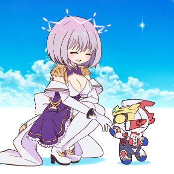 Rule 34 | 1boy, 1girl, acceptor, armor, blue sky, boots, breasts, chibi, cleavage, cloud, epaulettes, frilled skirt, frills, gloves, gridman (character), gridman (ssss), gridman universe, gridman universe (movie), gridman universe fighter, highres, large breasts, mimi kiri, purple hair, purple skirt, robot, shinjou akane, shinjou akane (new order), shirt, short hair, skirt, sky, smile, thighhighs, tokusatsu, white footwear, white gloves, yellow eyes