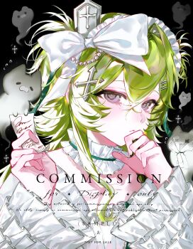 1girl absurdres bow choker closed_mouth collarbone commission cross crossed_bangs eyelashes fingernails frilled_choker frilled_sleeves frills gem ghost green_hair grey_eyes hair_between_eyes hair_bow hair_ornament headdress highres layered_sleeves long_hair long_sleeves looking_at_viewer makeup mihuashi_commission off_shoulder original pearl_(gemstone) pearl_hair_ornament rouge_(makeup) sidelocks solo upper_body watermark white_bow white_choker white_headdress yingzi_bing