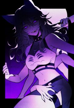 1girl animal_ears arachne arthropod_girl bat_ears bug choker colored_skin commentary crop_top dante_will english_commentary extra_arms extra_eyes fangs fingernails glowing glowing_eyes highres holding holding_knife i_ma_ge insect_girl knife monster_girl neobaka purple_eyes purple_skin sharp_fingernails sharp_teeth skirt smile solo spider spider_girl spiked_choker spikes taur teeth