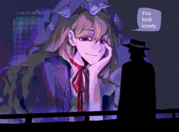 blade_runner_(series) blade_runner_2049 blonde_hair choker dress english_text hair_between_eyes hat head_rest highres long_hair looking_at_viewer meme mob_cap pixel_art poxiao354 purple_dress purple_eyes ribbon_choker smile speech_bubble touhou usami_renko yakumo_yukari you_look_lonely_(meme)