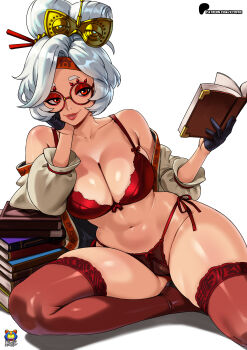 1girl absurdres artist_logo bare_shoulders black_gloves book book_stack bra breasts commentary elbow_rest eyeliner eyeshadow glasses gloves grey_hair grey_jacket hair_ornament hair_stick half_gloves hand_on_own_cheek hand_on_own_face head_rest headband highres holding holding_book jacket kyoffie large_breasts light_smile logo looking_at_viewer makeup navel nintendo off_shoulder open_book open_clothes open_jacket paid_reward_available panties patreon_logo patreon_username purah red-framed_eyewear red_bra red_eyeliner red_eyes red_eyeshadow red_headband red_panties red_thighhighs round_eyewear sheikah short_eyebrows short_hair side-tie_panties simple_background sitting solo string_panties the_legend_of_zelda the_legend_of_zelda:_tears_of_the_kingdom thick_eyebrows thighhighs underwear watermark web_address white_background