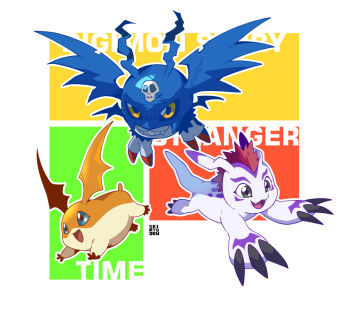 Rule 34 | bat (animal), commentary, copyright name, digimon, digimon (creature), digimon story: time stranger, english commentary, gomamon, green eyes, group picture, mohawk, no humans, patamon, picodevimon, red hair, seal (animal), sei (seiryuuden), yellow eyes