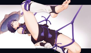 1boy absurdres armpit_crease arms_behind_back artist_name black_bodysuit black_border black_bow black_bridal_gauntlets black_shorts blue_hat blunt_ends bodysuit border bound bound_leg bound_torso bow bridal_gauntlets bridal_legwear bulge clenched_hand clenched_teeth covered_collarbone eyeliner eyeshadow feet foot_focus from_below genshin_impact gold hashtag-only_commentary hat highres jingasa leg_warmers letterboxed looking_at_viewer magayser makeup male_focus mandarin_collar purple_eyes purple_hair purple_rope red_eyeliner red_eyeshadow rope scaramouche_(genshin_impact) shibari shibari_over_clothes shorts solo stirrup_legwear tassel teeth toeless_legwear toenails tsurime unworn_hat unworn_headwear wanderer_(genshin_impact) white_background white_leg_warmers wispy_bangs