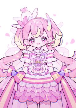 1girl :3 :d blonde_hair blush commentary cowboy_shot cure_wonderful double-parted_bangs earrings hat highres holding inukai_komugi jewelry long_hair looking_at_viewer magical_girl multicolored_hair neck_ribbon open_mouth orb pink_eyes pink_hair pink_skirt precure purple_ribbon ribbon shirt short_sleeves simple_background skirt smile solo two-tone_hair two_side_up upa_papa_co white_background white_hat white_shirt wonderful_precure! wrist_cuffs