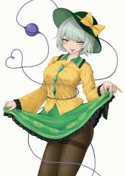 1girl :p absurdres bow breasts brown_pantyhose clothes_lift commentary_request eyeball green_eyes green_hat green_skirt grey_hair hat hat_bow highres komeiji_koishi korean_commentary lifting_own_clothes looking_at_viewer medium_breasts pantyhose shirt simple_background skirt skirt_lift solo son_(c100011) tongue tongue_out touhou white_background yellow_shirt