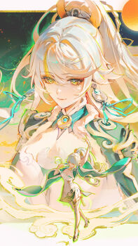 1girl absurdres blonde_hair braid breasts chinese_clothes closed_mouth crescent crescent_hair_ornament earrings full_body fur_trim genshin_impact grey_hair hair_ornament hashtag-only_commentary high_ponytail highres jewelry long_hair long_sleeves multicolored_hair multiple_views ponytail smile streaked_hair thighhighs two-tone_hair white_hair wide_sleeves yellow_eyes yunmaojan zibai_(genshin_impact)