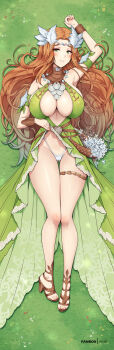 1girl blush breasts clothes_lift dakimakura_(medium) dress dress_lift final_fantasy final_fantasy_xiv full_body green_dress green_eyes high_heels highres large_breasts laurels lifting_own_clothes long_hair looking_at_viewer lying midriff navel nophica on_back on_grass open_mouth orange_hair panties pantyshot smile solo toes underwear virus-g white_panties