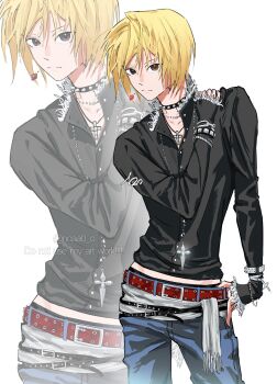 Rule 34 | 1boy, alternate costume, belt, black choker, black shirt, blonde hair, brown eyes, choker, closed mouth, cross, cross necklace, denim, earrings, fur-trimmed shirt, fur trim, hand on own hip, hand on own shoulder, hashtag-only commentary, highres, hunter x hunter, jeans, jewelry, kurapika, long necklace, male focus, midriff peek, multiple necklaces, necklace, nnaa0 o, pants, partially unbuttoned, pearl necklace, red belt, shirt, short hair, simple background, solo, spiked choker, spikes, twitter username, white background, zoom layer