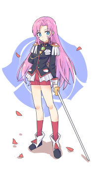 Rule 34 | 1girl, absurdres, arm behind back, bike shorts, black jacket, blue eyes, boots, chinese commentary, commentary, epaulettes, falling petals, full body, highres, holding, holding sword, holding weapon, jacket, long hair, looking at viewer, ootori gakuen school uniform, petals, pink hair, red shorts, red socks, school uniform, shorts, shoujo kakumei utena, socks, solo, standing, sword, tenjou utena, weapon, wu shi mi mi