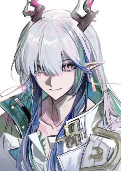 1boy arknights blue_hair chinese_commentary closed_mouth commentary_request diqiubaozhawoshuijue dragon_boy dragon_horns earrings grey_hair hair_between_eyes highres horns jewelry long_hair looking_at_viewer male_focus multicolored_hair pink_eyes pointy_ears simple_background smile solo streaked_hair upper_body white_background yi_(arknights)