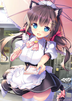 1girl animal_ears apron aqua_eyes black_skirt blush breasts brown_hair cat_ears cat_girl cat_tail commentary_request flyer hair_ornament hair_ribbon hairclip highres holding holding_umbrella large_breasts long_hair looking_at_viewer maid maid_apron maid_headdress mikeou open_mouth original outdoors outstretched_arm puffy_sleeves ribbon shirt skirt smile solo standing tail tail_ornament tail_ribbon thighs twintails umbrella white_legwear white_shirt