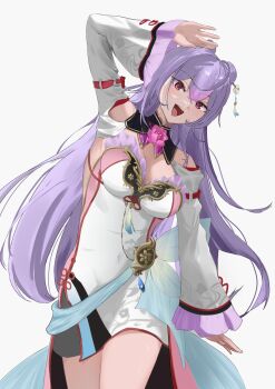 1girl :d absurdres ahoge bare_shoulders breasts chinese_clothes cleavage_cutout clothing_cutout commentary_request cowboy_shot crossed_legs double_bun dress earrings floral_print frilled_dress frilled_sleeves frills full_body hair_between_eyes hair_bun hair_ornament hand_up highres immoralmouse jewelry kanzashi kozue_mone kozue_mone_(1st_costume) layered_dress long_hair long_sleeves medium_breasts nijisanji open_mouth pink_dress pink_eyes purple_hair ribbon simple_background sleeves_past_wrists smile solo teeth thighs upper_teeth_only virtual_youtuber white_background white_dress