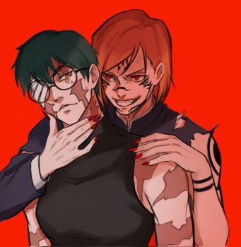 Rule 34 | 2girls, commentary, eyepatch, green hair, highres, jujutsu kaisen, kugisaki nobara, lumen sky, multiple girls, orange hair, red eyes, scar, scar across eye, scar on arm, scar on back, scar on face, short hair, smile, zen'in maki, zen'in maki (post shibuya)