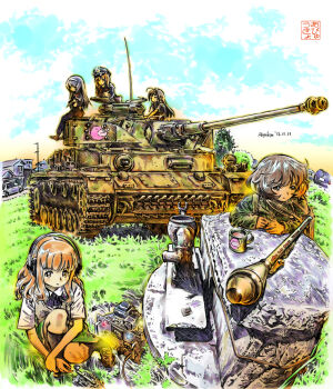 10s 5girls abyuukyo_(abyukyo) akiyama_yukari alternate_costume anglerfish arm_support artist_name backlighting black_hair brown_eyes brown_hair car cloud cup dated day emblem fish fisheye girls_und_panzer graphite_(medium) grass hairband hat hatch headset high-explosive_anti-tank_(warhead) house isuzu_hana kneeling leaning_forward lens_flare long_hair man-portable_anti-tank_systems military military_uniform military_vehicle mixed_media morse_code motor_vehicle mug multiple_girls neck_ribbon nishizumi_miho panzer_iv panzerfaust peaked_cap radio recoilless_gun reizei_mako ribbon road school_uniform short_hair signature sitting sky takebe_saori tank town traditional_media vehicle_focus weapon well